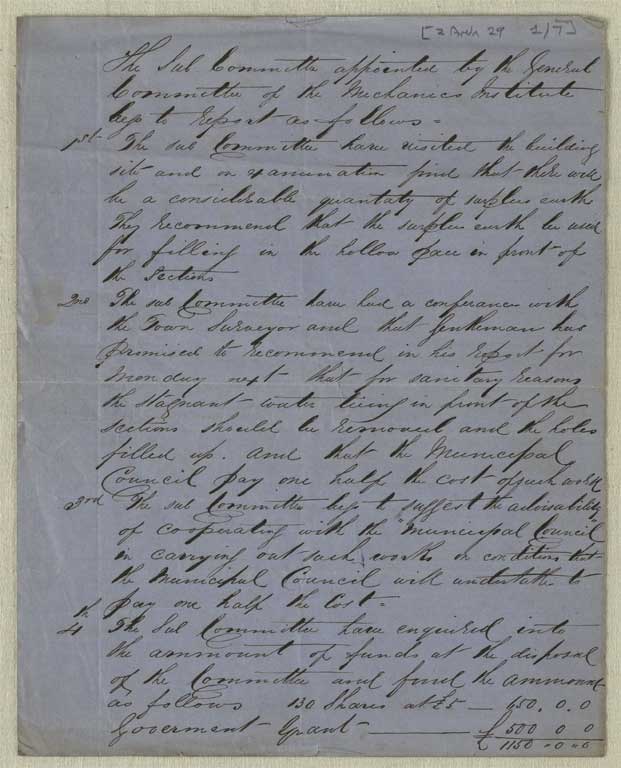 Report of sub-committee appointed to inquire into a site for the Institute, 10 December 1862 / Christchurch Mechanics' Institute 1862