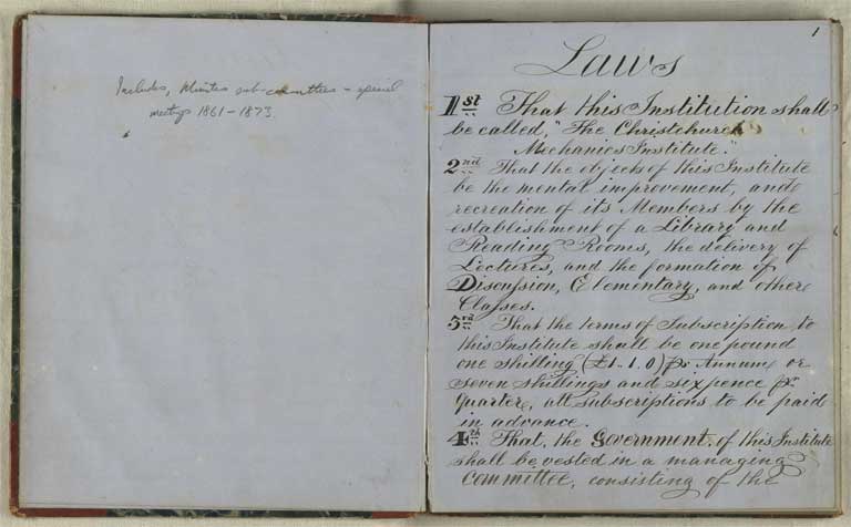 Laws and bye-laws of the Christchurch Mechanics' Institute, 28 September 1859 / Christchurch Mechanics' Institute 1859