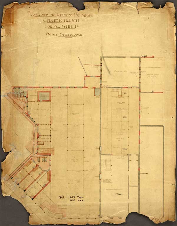Drawing of Business Premises ChCh for A.J. White Ltd. Existing and Proposed 10 December 1909 Drawing of Business Premises ChCh for A.J. White Ltd. Existing and Proposed 10 December 1909