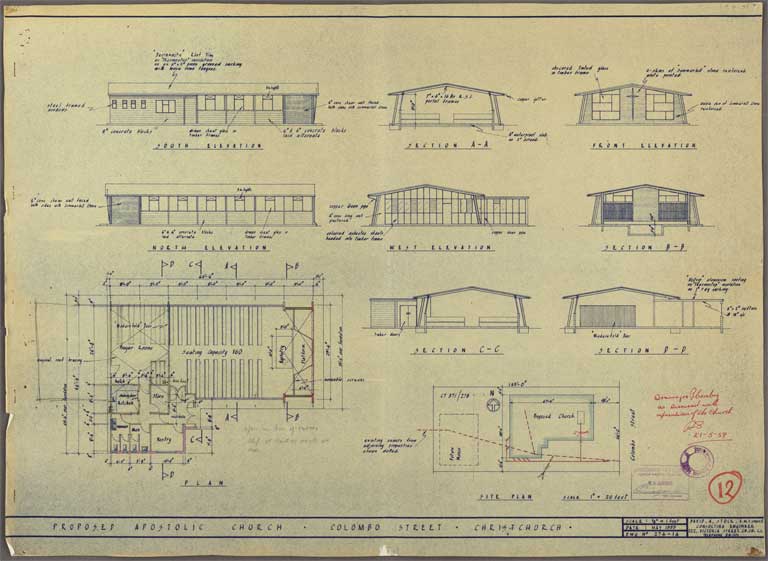 Proposed Apostolic Church Colombo Street. South, North & West Elevations 1 May 1959 Proposed Apostolic Church Colombo Street. South, North & West Elevations 1 May 1959