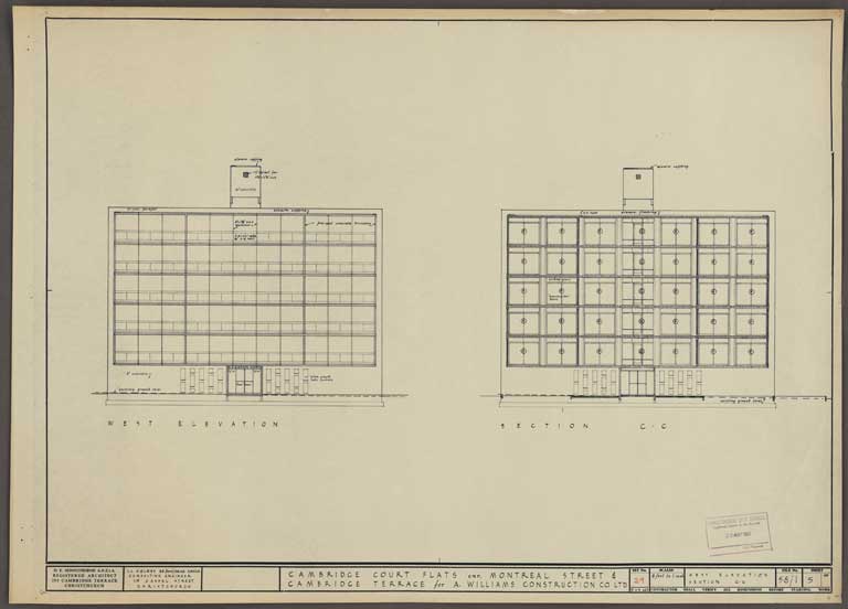 Cambridge Court Flats Cnr Montreal Street & Cambridge Terrace. West Elevation including Section CC 25 May 1962 Image 2 of 2 Cambridge Court Flats Cnr Montreal Street & Cambridge Terrace. West Elevation including Section CC 25 May 1962 Image 2 of 2
