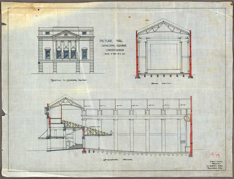 Alterations to Everybody's Theatre Christchurch. Elevation to Cathedral Square, Cross Section looking both North & South 1 November 1933 Image 5 of 5 Alterations to Everybody's Theatre Christchurch. Elevation to Cathedral Square, Cross Section looking both North & South 1 November 1933 Image 5 of 5