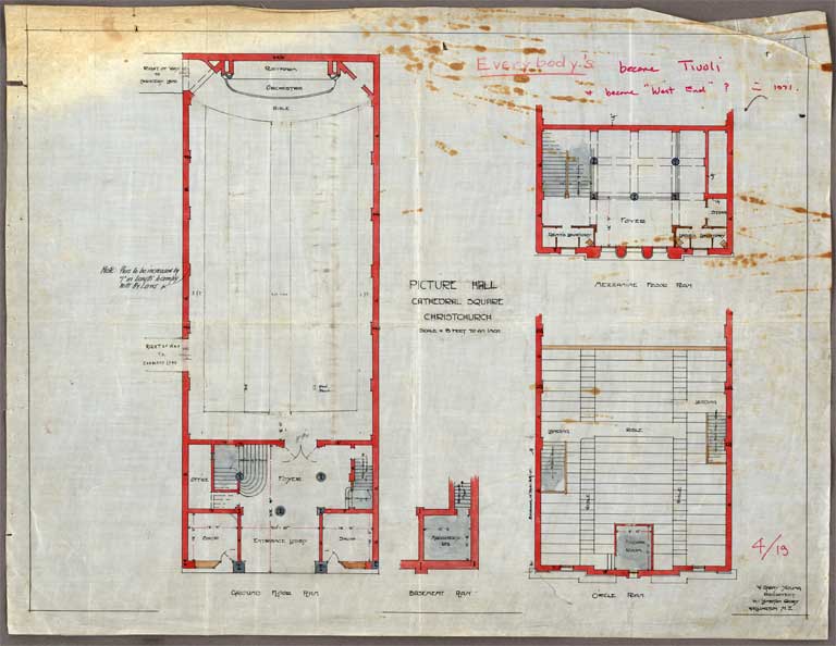 Alterations to Everybody's Theatre Christchurch. Ground, Mezzanine & Circle Plan 1 November 1933 Image 1 of 5 Alterations to Everybody's Theatre Christchurch. Ground, Mezzanine & Circle Plan 1 November 1933 Image 1 of 5