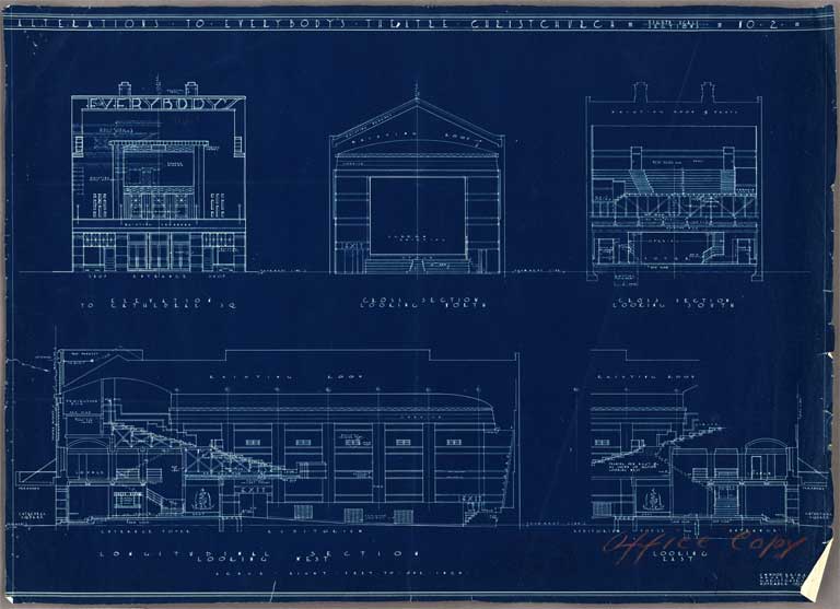Everybody's Theatre Lichfield Street. Longitudinal, Front & Back Elevation including Cross Section 1933? Image 4 of 5 Everybody's Theatre Lichfield Street. Longitudinal, Front & Back Elevation including Cross Section 1933? Image 4 of 5
