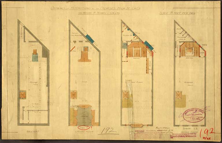 Drawings of alterations to premises High St ChCh for Messrs R. Hannah & Coy Ltd. Basement & Ground Floor Plans 17 September 1928 Image 1 of 2 Drawings of alterations to premises High St ChCh for Messrs R. Hannah & Coy Ltd. Basement & Ground Floor Plans 17 September 1928 Image 1 of 2