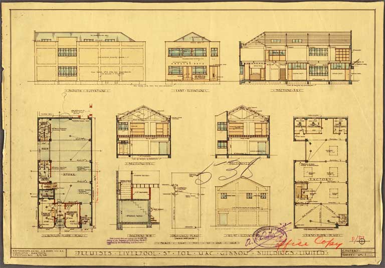 Premises Liverpool Street for MacGibbon Buildings Ltd. South, East, West, Ground & First Floor Plan 9 April 1934 Image 2 of 2 Premises Liverpool Street for MacGibbon Buildings Ltd. South, East, West, Ground & First Floor Plan 9 April 1934 Image 2 of 2