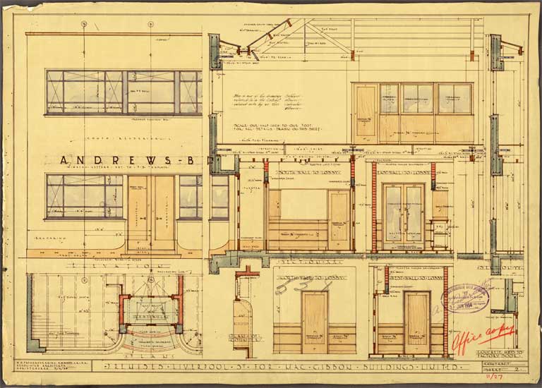 Premises Liverpool Street for MacGibbon Buildings Ltd. Elevation, South & North Wall to Lobby 9 April 1934 Image 1 of 2 Premises Liverpool Street for MacGibbon Buildings Ltd. Elevation, South & North Wall to Lobby 9 April 1934 Image 1 of 2