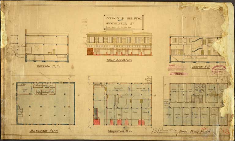 Proposed Building Manchester Street. Front Elevation, Basement, Ground & First Floor Plan 13 April 1928 Proposed Building Manchester Street. Front Elevation, Basement, Ground & First Floor Plan 13 April 1928