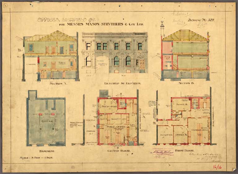 Offices Lichfield Street for Messrs Mason Struthers & Co Ltd. Elevations, Basement, Ground & First Floor Plan 30 June 1911 Offices Lichfield Street for Messrs Mason Struthers & Co Ltd. Elevations, Basement, Ground & First Floor Plan 30 June 1911