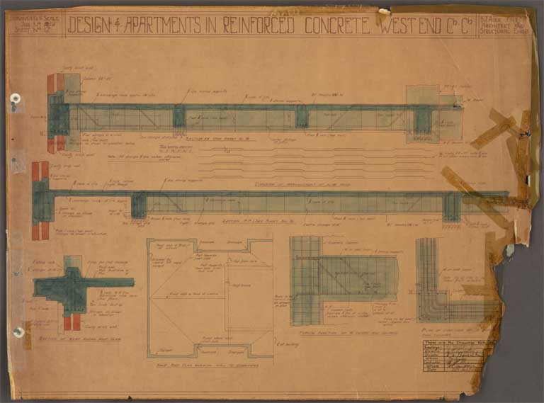 St Elmo Courts Design & Apartments in Reinforced Concrete West End Christchurch. Plan of Cellar and Section on AB 25 September 1929 Image 18 of 28 St Elmo Courts Design & Apartments in Reinforced Concrete West End Christchurch. Plan of Cellar and Section on AB 25 September 1929 Image 18 of 28