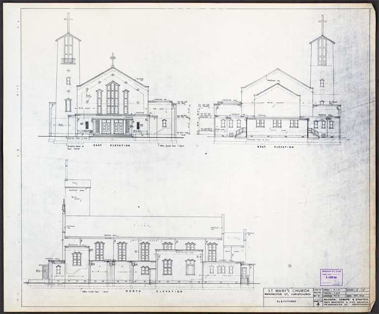 Saint Mary's Church, Manchester Street, ChCh. East, West & North Elevation 21 June 1957 Image 1 of 2 Saint Mary's Church, Manchester Street, ChCh. East, West & North Elevation 21 June 1957 Image 1 of 2