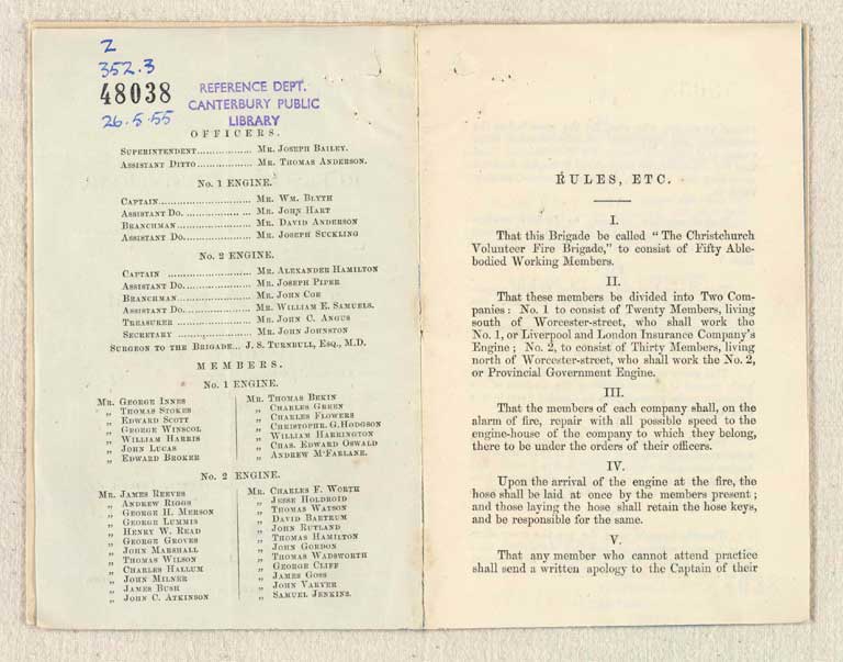 Revised rules & regulations, together with a list of the officers and members now forming the Christchurch Volunteer Fire Brigade, founded 7th Nov., 1860. / Christchurch Volunteer Fire Brigade Image of Revised rules & regulations, together with a list of the officers and members now forming the Christchurch Volunteer Fire Brigade, founded 7th Nov., 1860. 1862