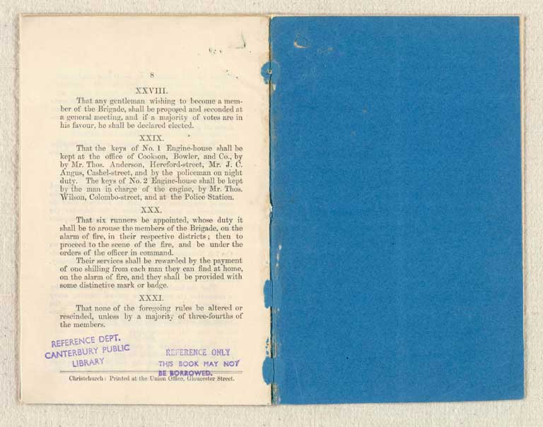 Revised rules & regulations, together with a list of the officers and members now forming the Christchurch Volunteer Fire Brigade, founded 7th Nov., 1860. / Christchurch Volunteer Fire Brigade Image of Revised rules & regulations, together with a list of the officers and members now forming the Christchurch Volunteer Fire Brigade, founded 7th Nov., 1860. 1862