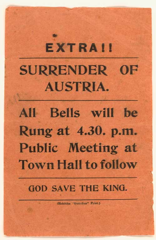 Extra !! Surrender of Austria. All bells will be rung at 4.30 p.m. Public meeting at Town Hall to follow. God save the King. Extra !! Surrender of Austria. All bells will be rung at 4.30 p.m. Public meeting at Town Hall to follow. God save the King.