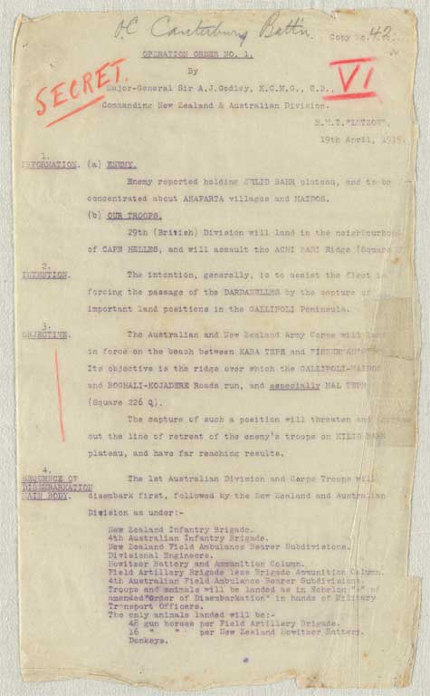 Gallipoli campaign : operation and transport orders, memoranda and other papers issued to the Canterbury Infantry Battalion at Lemnos, January-September 1915 Gallipoli campaign : operation and transport orders, memoranda and other papers issued to the Canterbury Infantry Battalion at Lemnos, January-September 1915