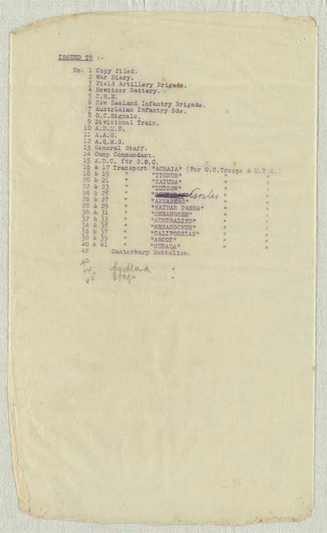 Gallipoli campaign : operation and transport orders, memoranda and other papers issued to the Canterbury Infantry Battalion at Lemnos, January-September 1915 