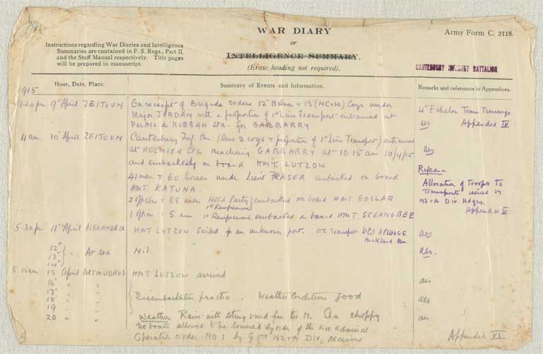 Gallipoli campaign : operation and transport orders, memoranda and other papers issued to the Canterbury Infantry Battalion at Lemnos, January-September 1915 Gallipoli campaign : operation and transport orders, memoranda and other papers issued to the Canterbury Infantry Battalion at Lemnos, January-September 1915