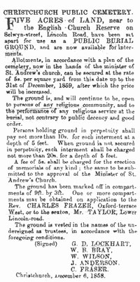 Addington Cemetery newspaper announcement, 1858