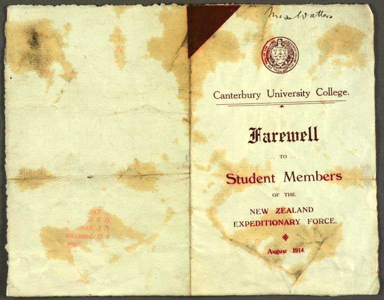 Farewell to Student Members of the NZ Expeditionary Force. August 1914 Farewell to Student Members of the NZ Expeditionary Force. August 1914