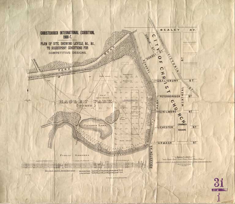 Christchurch International Exhibition, 1906-7 : plan of site, showing levels, &c., &c., to accompany conditions for competitive designs. 1905 Christchurch International Exhibition, 1906-7 : plan of site, showing levels, &c., &c., to accompany conditions for competitive designs. 1905