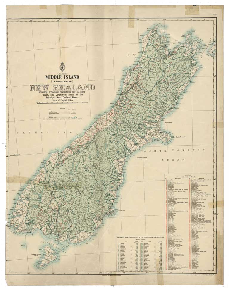 Middle Island (Te Wai-Pounamu) New Zealand : showing principal waterfalls for electric power, and catchment areas of the principal New Zealand rivers. 1904 Middle Island (Te Wai-Pounamu) New Zealand : showing principal waterfalls for electric power, and catchment areas of the principal New Zealand rivers. 1904