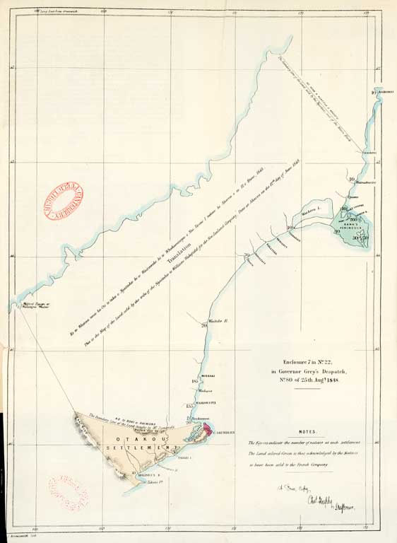Ko te whenua tenei ka oti te tuku e Ngaitahu ki a Wairaweke ki te Whakaminega o Niu Tireni i tukua ki Akaroa e te 12 o Hune, 1848 = This is the map of the land sold by the tribe of the Ngaitahu to William Wakefield for the New Zealand Company, done at Akaroa on the 12th. day of June 1848. 1849 Ko te whenua tenei ka oti te tuku e Ngaitahu ki a Wairaweke ki te Whakaminega o Niu Tireni i tukua ki Akaroa e te 12 o Hune, 1848 = This is the map of the land sold by the tribe of the Ngaitahu to William Wakefield for the New Zealand Company, done at Akaroa on the 12th. day of June 1848. 1849