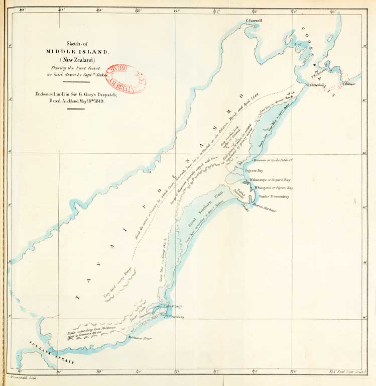 Sketch of Middle Island (New Zealand) shewing the East Coast as laid down by Captn. Stokes. 1850 Sketch of Middle Island (New Zealand) shewing the East Coast as laid down by Captn. Stokes. 1850