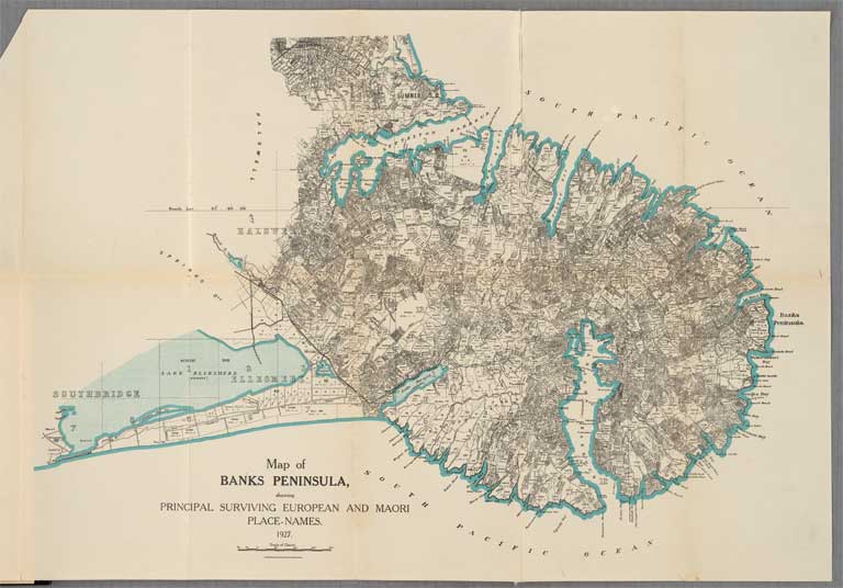 Map of Banks Peninsula showing principal surviving European and Maori place-names 1927 Map of Banks Peninsula showing principal surviving European and Maori place-names 1927