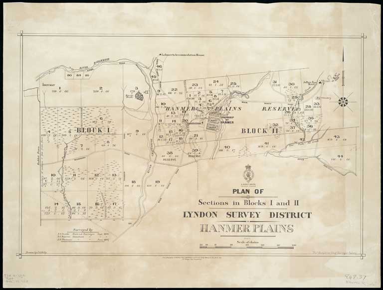 Plan of sections in blocks I and II, Lyndon Survey District, Hanmer Plains surveyed by F.S. Smith ... Sept. 1892, D.I. Barron, Sept. 1892, J.D. Thomson ... June 1897. 1899 Plan of sections in blocks I and II, Lyndon Survey District, Hanmer Plains surveyed by F.S. Smith ... Sept. 1892, D.I. Barron, Sept. 1892, J.D. Thomson ... June 1897. 1899