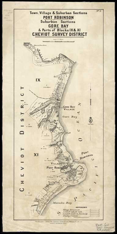 Town, village & suburban sections Port Robinson, suburban sections Gore Bay, & parts of Blocks IX & XI, Cheviot survey district 1894 Town, village & suburban sections Port Robinson, suburban sections Gore Bay, & parts of Blocks IX & XI, Cheviot survey district 1894
