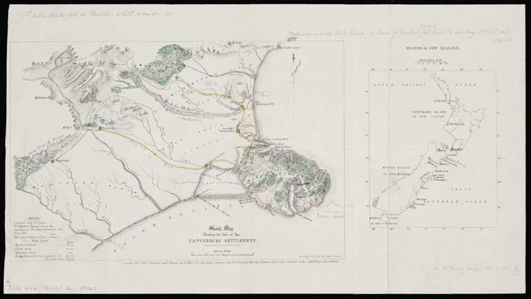Sketch map shewing the site of the Canterbury settlement / reduced and drawn by A. Wills from the original map by J. Thomas chief surveyor to the Canterbury Association. 1849 Sketch map shewing the site of the Canterbury settlement / reduced and drawn by A. Wills from the original map by J. Thomas chief surveyor to the Canterbury Association. 1849