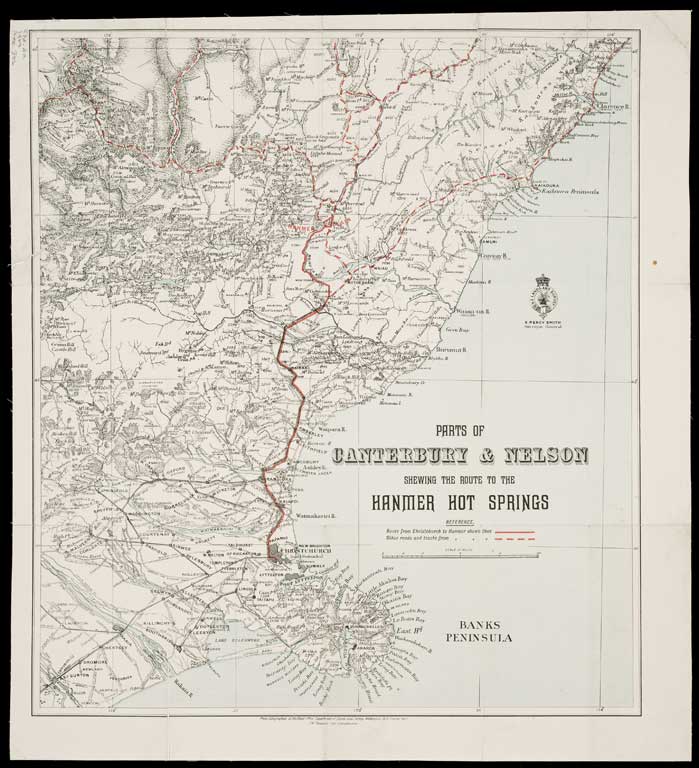 Parts of Canterbury and Nelson, shewing the route to Hanmer hot springs 1900 Parts of Canterbury and Nelson, shewing the route to Hanmer hot springs 1900