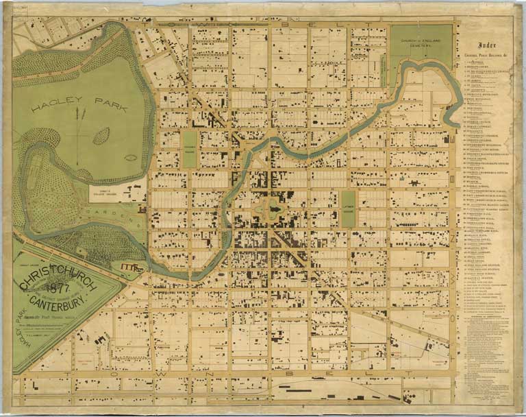 Christchurch, Canterbury compiled from data supplied to City Council and District Drainage Board ; T.S. Lambert, delt. 1877 Christchurch, Canterbury compiled from data supplied to City Council and District Drainage Board ; T.S. Lambert, delt. 1877