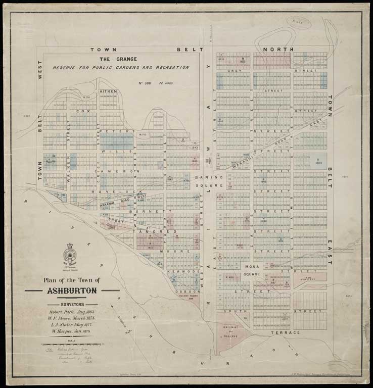 Plan of the town of Ashburton / Surveyors: Robert Park Aug. 1863 ; W.F. Moore March 1874, L.A. Slater May 1977, W. Harper, Jan. 1879. 1879 Plan of the town of Ashburton / Surveyors: Robert Park Aug. 1863 ; W.F. Moore March 1874, L.A. Slater May 1977, W. Harper, Jan. 1879. 1879
