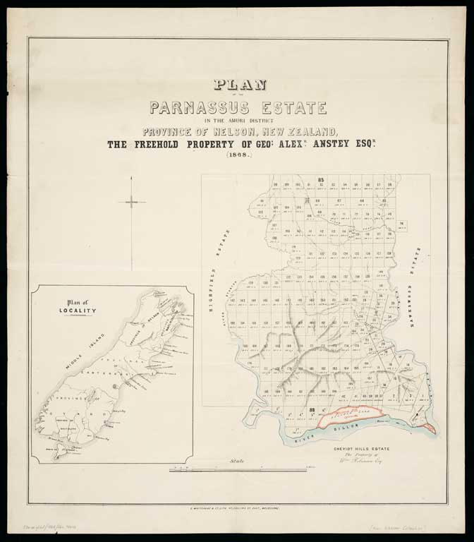 Plan of the Parnassus Estate in the Amuri District, Province of Nelson, New Zealand : the freehold property of Geo. Alex. Anstey Esqr. 1868 Plan of the Parnassus Estate in the Amuri District, Province of Nelson, New Zealand : the freehold property of Geo. Alex. Anstey Esqr. 1868