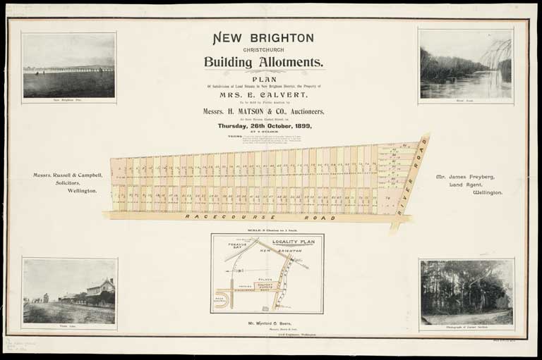 New Brighton, Christchurch, building allotments: plan of subdivision of land situate in New Brighton district, the property of Mrs. E. Calvert / Wynford O. Beere, surv. 1899 New Brighton, Christchurch, building allotments: plan of subdivision of land situate in New Brighton district, the property of Mrs. E. Calvert / Wynford O. Beere, surv. 1899