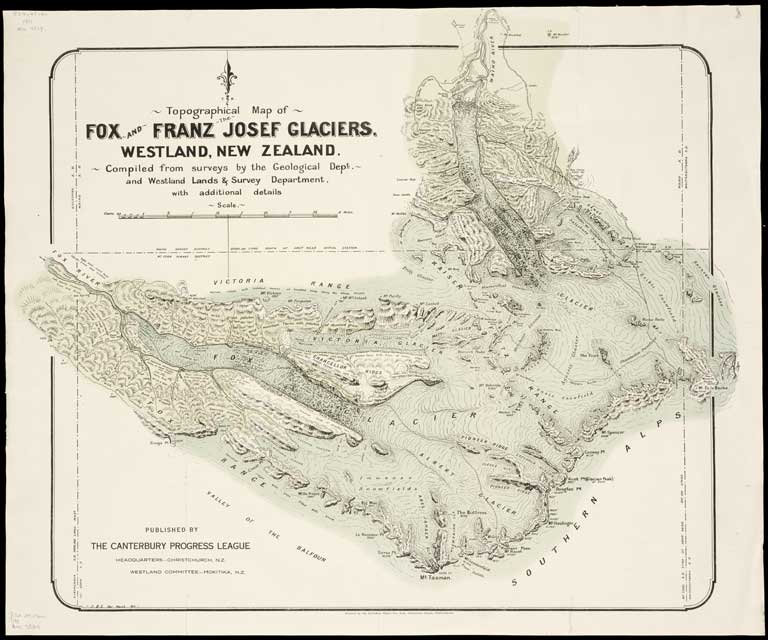 Topographical map of Fox and Franz Josef glaciers, Westland, New Zealand / compiled from surveys by the Geological Dept., and Westland Lands & Survey Department, with additional details. 1911 Topographical map of Fox and Franz Josef glaciers, Westland, New Zealand / compiled from surveys by the Geological Dept., and Westland Lands & Survey Department, with additional details. 1911