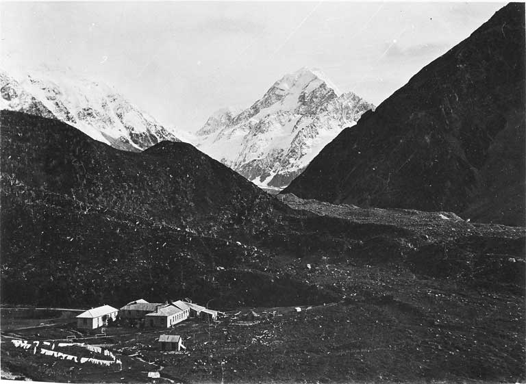 Mt. Cook and the old Hermitage before it was destroyed by flooding in 1913 Mt. Cook and the old Hermitage before it was destroyed by flooding in 1913