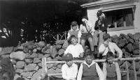 Schoolboys pictured outside the tea kiosk at Victoria Park