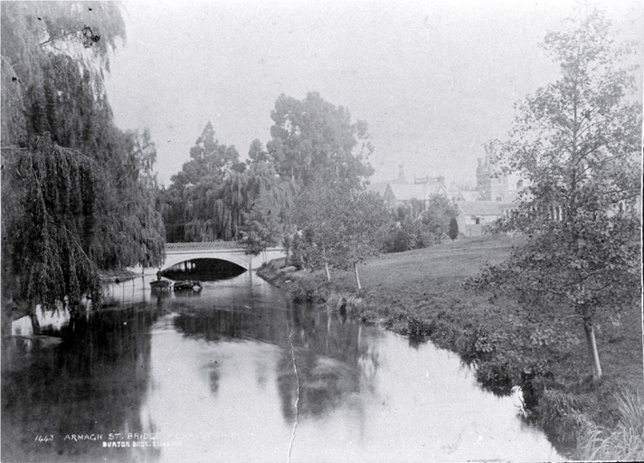 A horse with cart is watered at Armagh Street Bridge, Christchurch : Provincial Buildings and Supreme Court at left A horse with cart is watered at Armagh Street Bridge, Christchurch : Provincial Buildings and Supreme Court at left