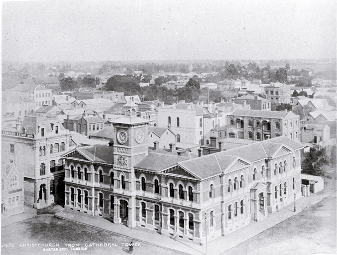 Cathedral Square from the Cathedral tower, showing the Post Office built in 1879 Cathedral Square from the Cathedral tower, showing the Post Office built in 1879
