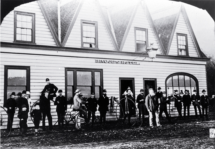 Cyclists on a trip to Akaroa, at Bruce's Hotel Cyclists on a trip to Akaroa, at Bruce's Hotel