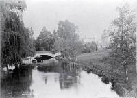 A horse with cart is watered at Armagh Street Bridge, Christchurch : Provincial Buildings and Supreme Court at left