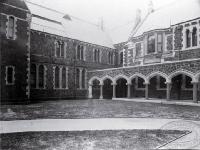 Canterbury College, University of New Zealand lecture theatres in Northern Quad, to right is Engineering School.