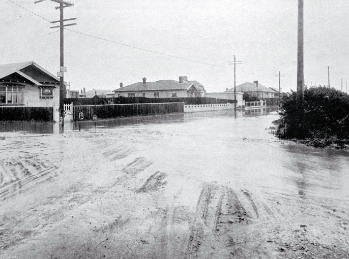 Junction of Innes Road and Rutland Street, flooded on 17 April 1925 Junction of Innes Road and Rutland Street, flooded on 17 April 1925