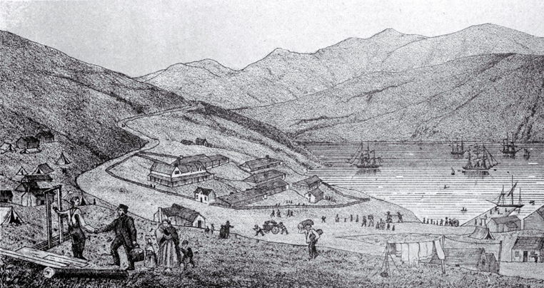 Port Lyttelton, showing the first four ships and emigrants landing from the Cressy, December 28th 1850 Port Lyttelton, showing the first four ships and emigrants landing from the Cressy, December 28th 1850