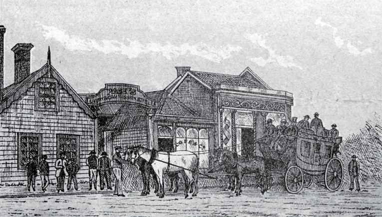 Cobb & Co's coach for Kaiapoi, outside Birdsey's, a restaurant-drinking house) in High Street, Christchurch Cobb & Co's coach for Kaiapoi, outside Birdsey's, a restaurant-drinking house) in High Street, Christchurch