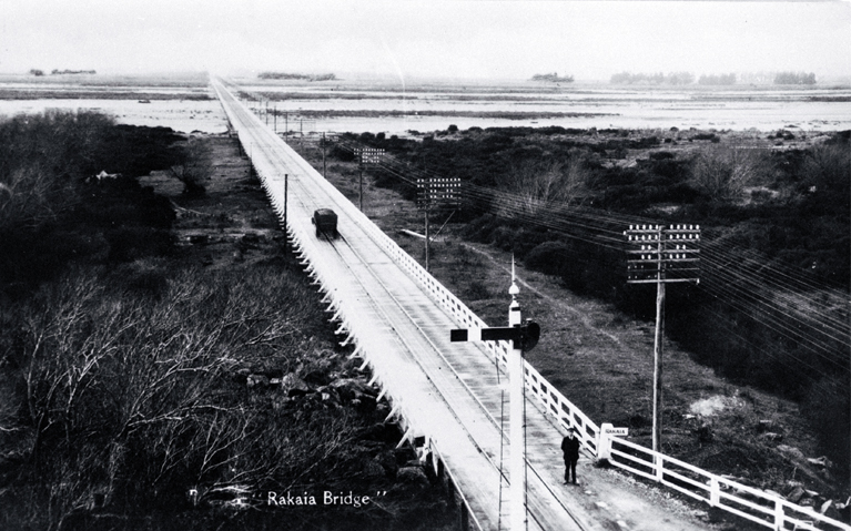 The combined Rakaia road and rail bridge built in 1873 The combined Rakaia road and rail bridge built in 1873