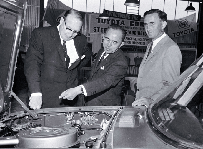 The Minister of Finance and the Export Director of Toyota Sales Co. examining the first Toyota Corona to be assembled in Christchurch The Minister of Finance and the Export Director of Toyota Sales Co. examining the first Toyota Corona to be assembled in Christchurch