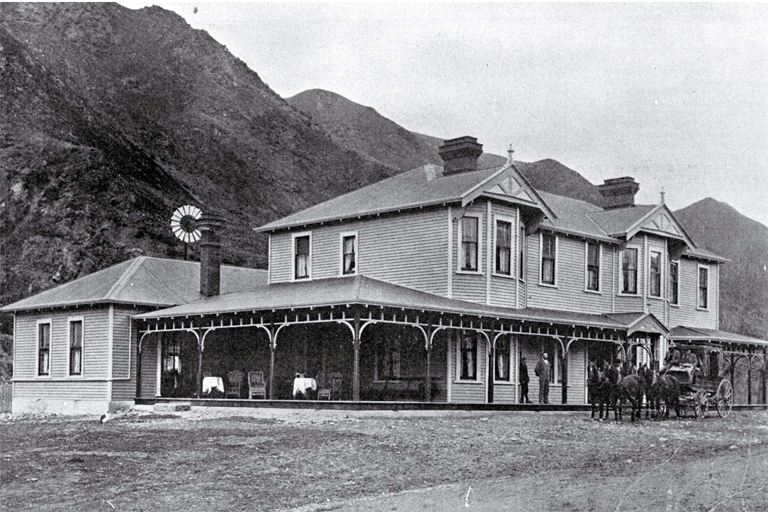 The newly completed Ferry Hotel, Waiau, with the Hanmer coach in front The newly completed Ferry Hotel, Waiau, with the Hanmer coach in front